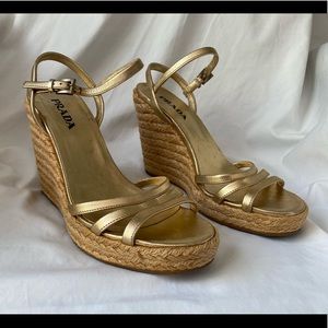 Authenticated Gold Prada Espadrille Wedges